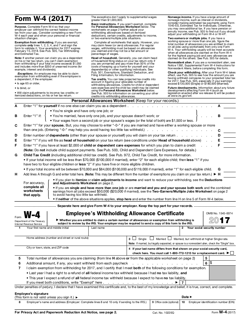 W4 (2017) | Edit Forms Online | PDFFormPro