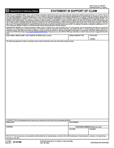 VA FORM 21-4138  (2011-2015)